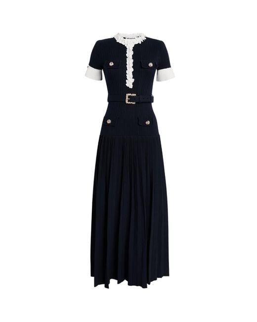 Self-Portrait Black Ribbed Ruffle-Detail Midi Dress