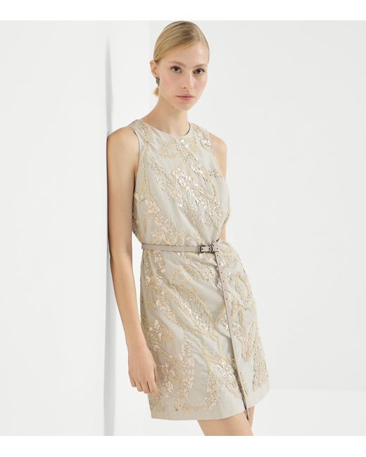 Brunello Cucinelli Natural Cotton-Blend Embroidered Mini Dress