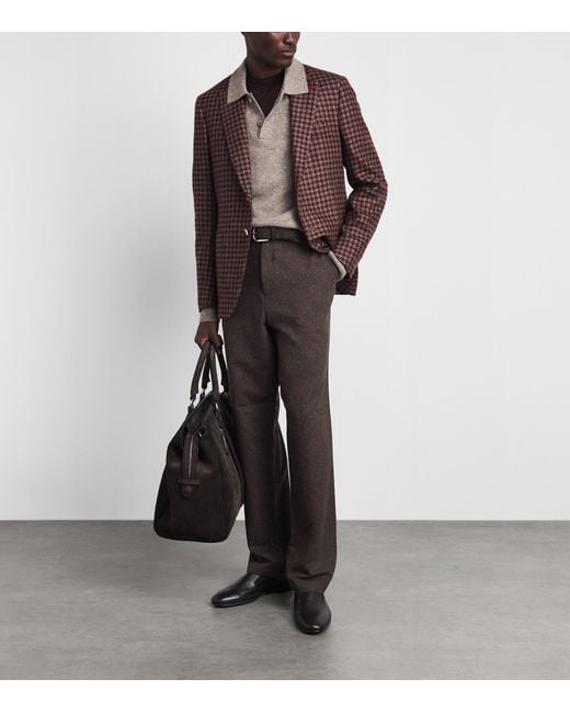 Isaia Brown Wool-Cashmere-Silk Houndstooth Capri Blazer for men