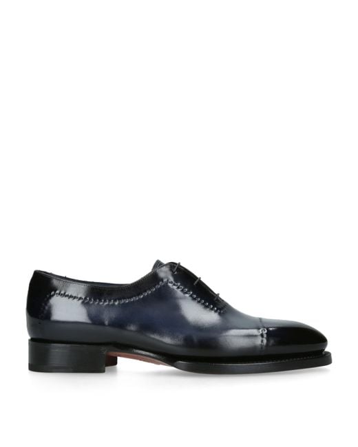 Santoni Black Leather Stitched Oxford Shoes for men