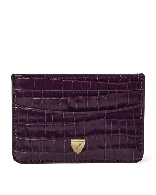 Aspinal Purple Leather Croc-Embossed Slim Card Holder