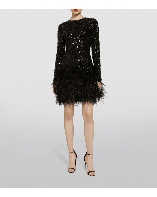 Dolce & Gabbana Black Sequin-embellished Feather-trim Mini Dress