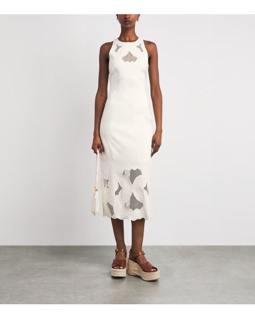 Veronica Beard White Linen-Blend Eyelet Upten Midi Dress