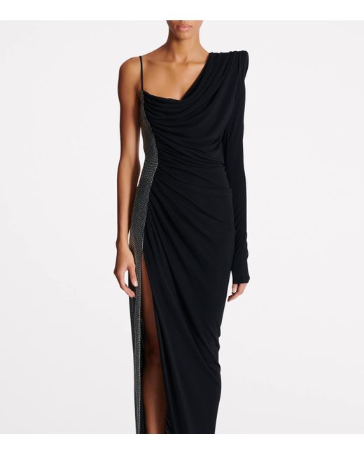 Balmain Black Draped Asymmetrical Two-Material Dress