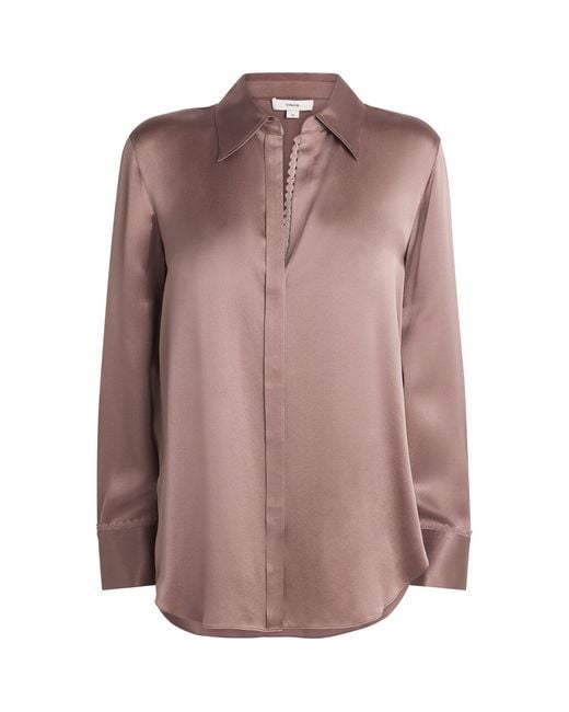 Vince Brown Silk Lace-Trim Shirt