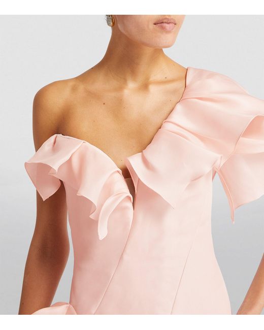 Marchesa Pink Ruffled One-shoulder Gown