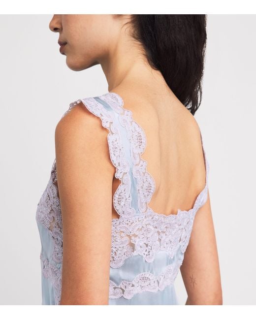 Loretta Caponi Blue Silk Lace-Detail Sabina Nightdress