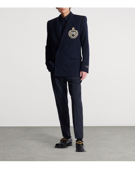 Balmain Blue Wool Crystal-Embellished Emblem Blazer for men