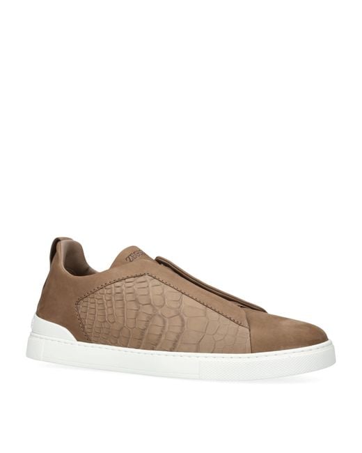 Zegna Brown Crocodile Leather Triple Stitch Sneakers for men
