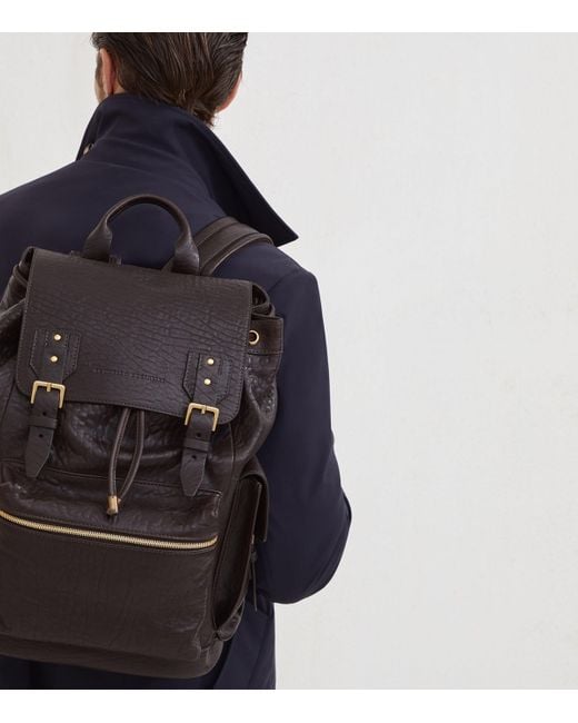 Brunello Cucinelli Black Leather Flap Closure Backpack for men
