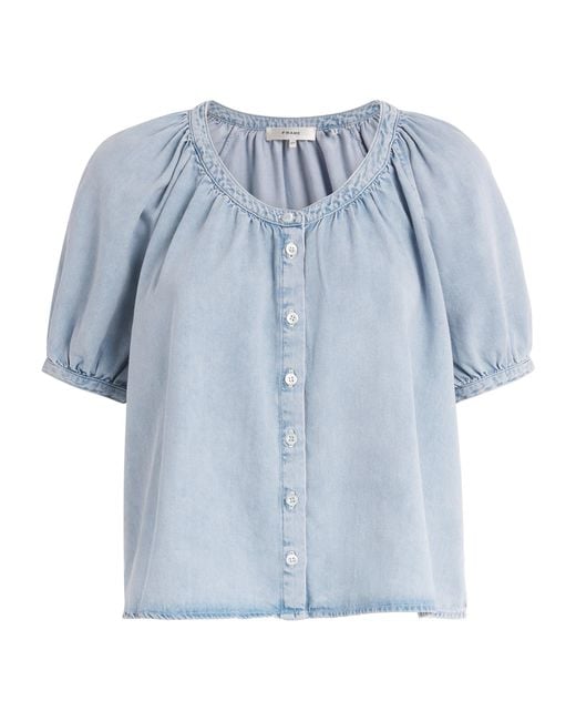 FRAME Blue Denim Scoop-Neck Blouse