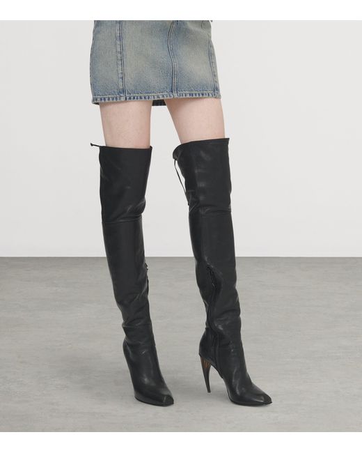 McQueen Black Leather Horn Knee-High Boots