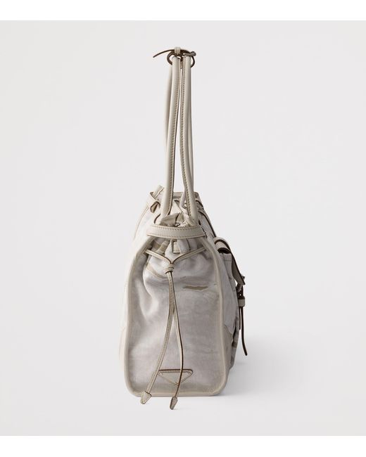 Prada Gray Large Leather And Printed Linen Bonnie Top-Handle Bag