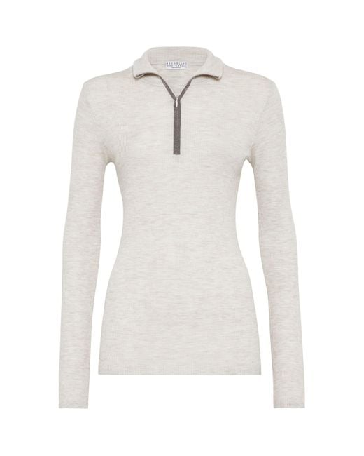 Brunello Cucinelli White Virgin Wool-Cashmere Rib-Knit Sweater