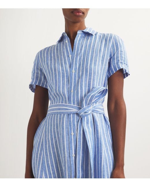 Polo Ralph Lauren Blue Linen Belted Striped Shirt Dress