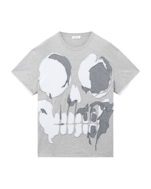 McQueen Gray Skull Distressed T-Shirt for men