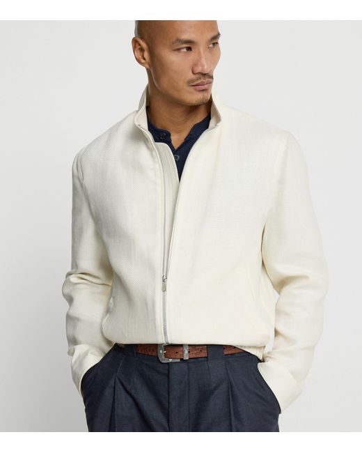 Brunello Cucinelli White Silk-Linen-Wool Bomber Jacket for men