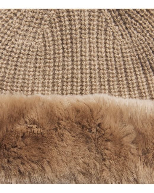 Yves Salomon Brown Wool-Cashmere Rabbit Fur Trim Beanie