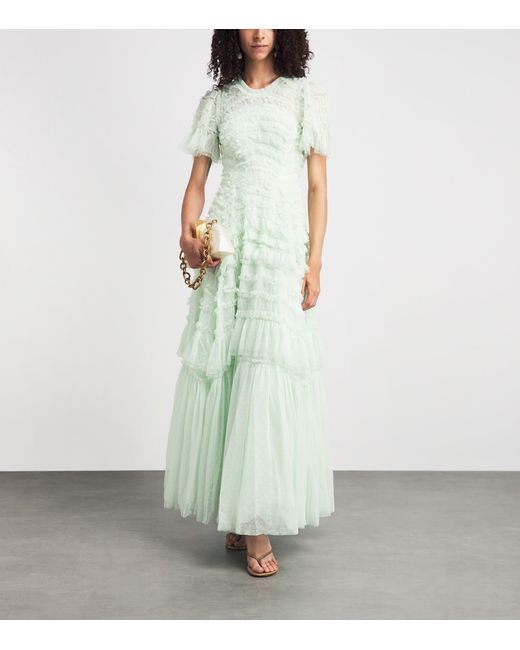 Needle & Thread White Tulle Ruffle Valentine Maxi Dress