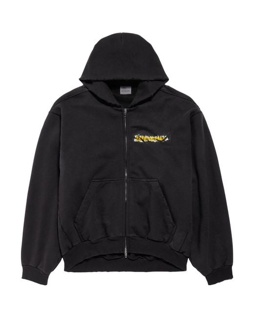 Balenciaga Black Cotton Spray Logo Zip-Up Hoodie