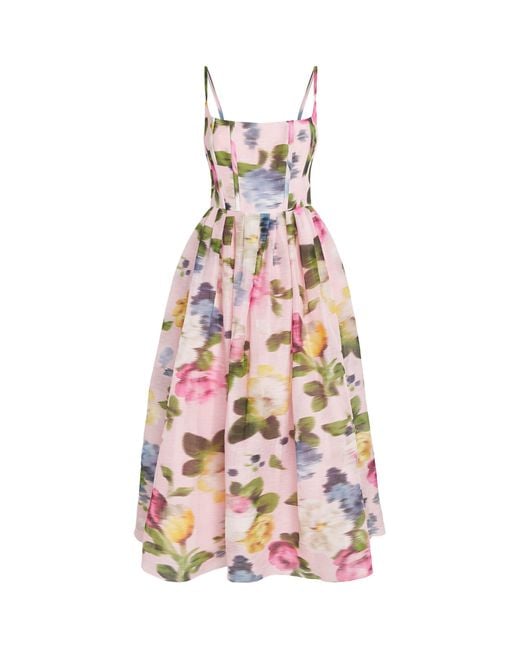 Carolina Herrera White Linen-Silk Floral Midi Dress