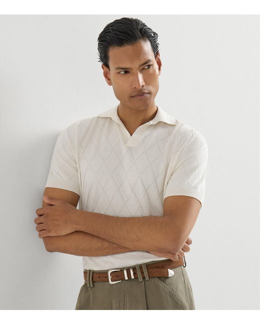 Brunello Cucinelli White Cotton Diamond-Knit Johnny Collar Polo Shirt for men