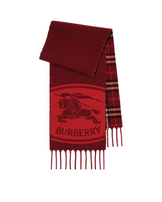 Burberry Red Cashmere Reversible Knight Stamp Scarf