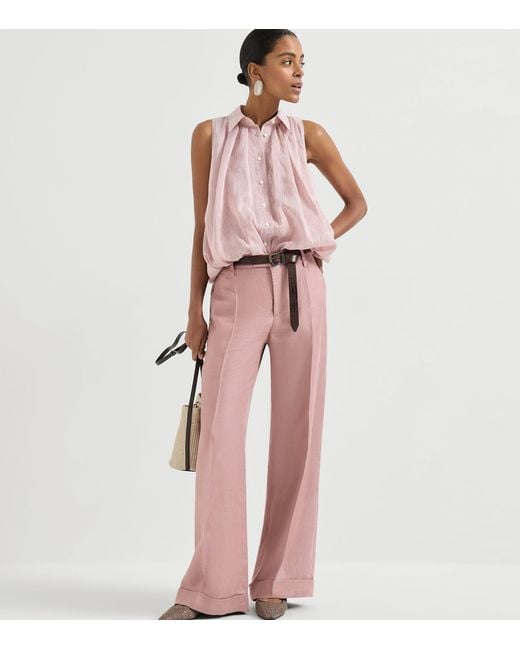 Brunello Cucinelli Pink Linen-Silk Stripe Sleeveless Shirt
