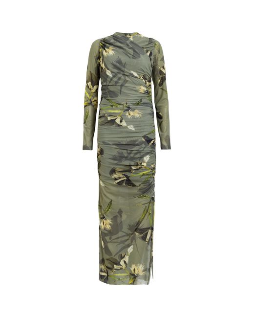 AllSaints Green Camouflage Print Hanako Midi Dress