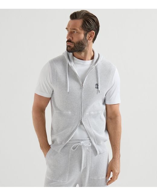 Brunello Cucinelli White Cotton Rib-Knit Sleeveless Hoodie for men