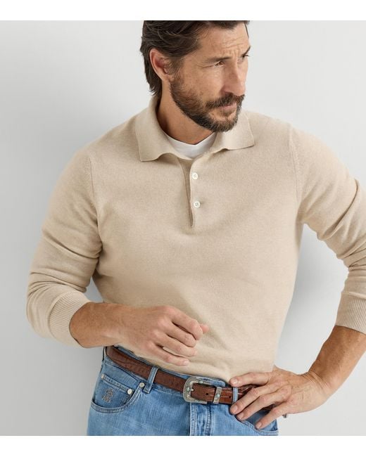 Brunello Cucinelli White Cashmere Polo Sweater for men