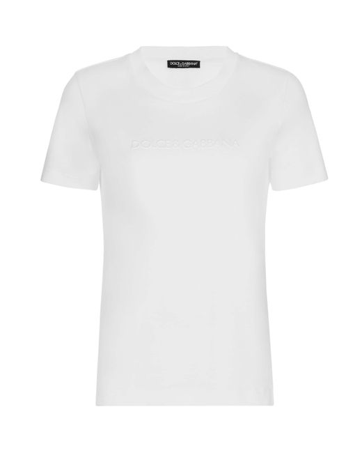 Dolce & Gabbana White Cotton Embroidered-Logo T-Shirt