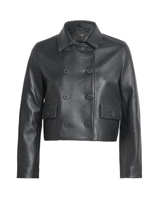 Maje Gray Double-Breasted Leather Jacket