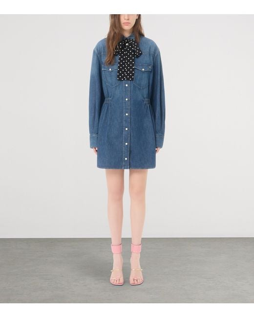 Valentino Blue Denim Polka-Dot Bow Shirt Dress