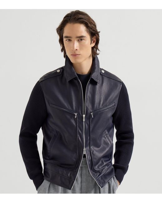 Brunello Cucinelli Blue Knitted Leather Jacket for men