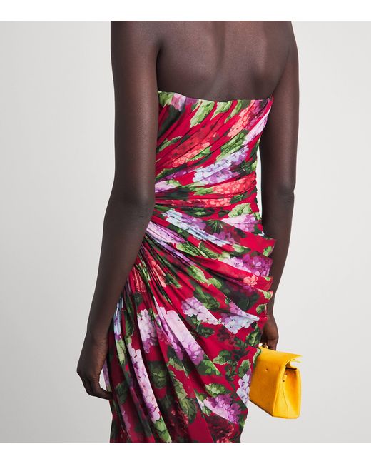 Carolina Herrera Red Silk Floral Draped Midi Dress