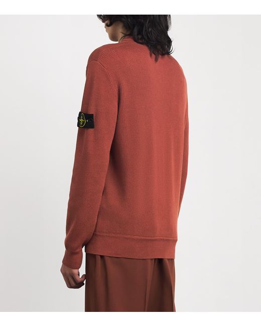 Stone Island Red Cotton Rib-Knit Compass Sweater for men