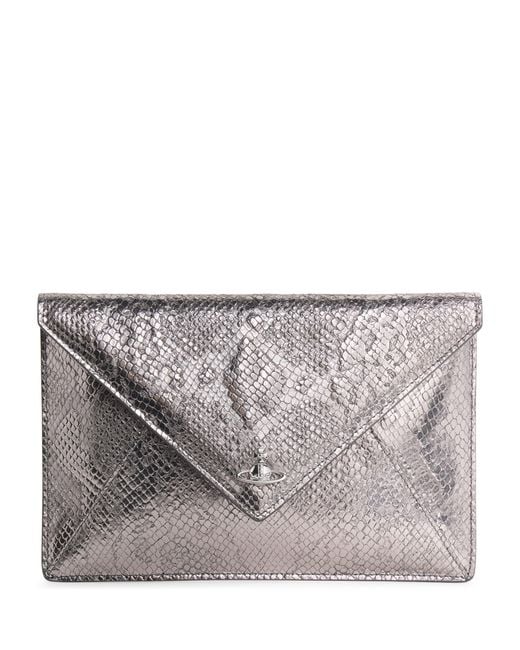 Vivienne Westwood Gray Croc-Embossed Leather Envelope Clutch Bag
