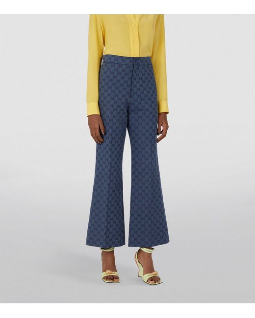 Gucci Blue Linen-cotton Gg Jacquard Trousers