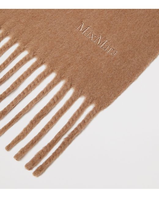 Max Mara Brown Wool Fringed Logo Scarf