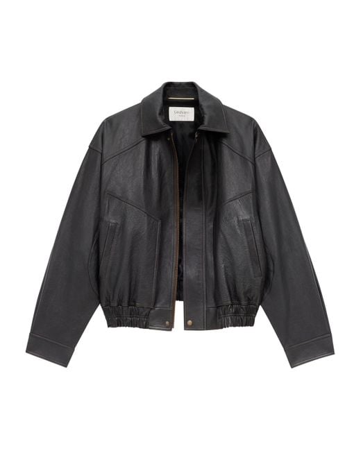 Saint Laurent Gray Leather Bomber Jacket