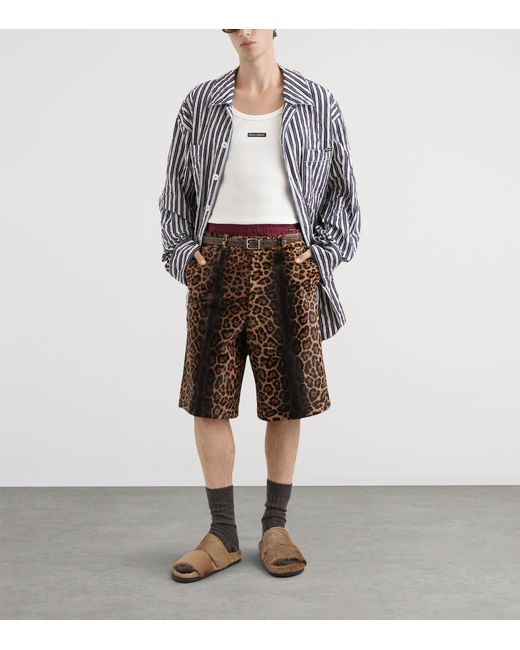Dolce & Gabbana Black Leather Leopard Print Oversized Shorts for men
