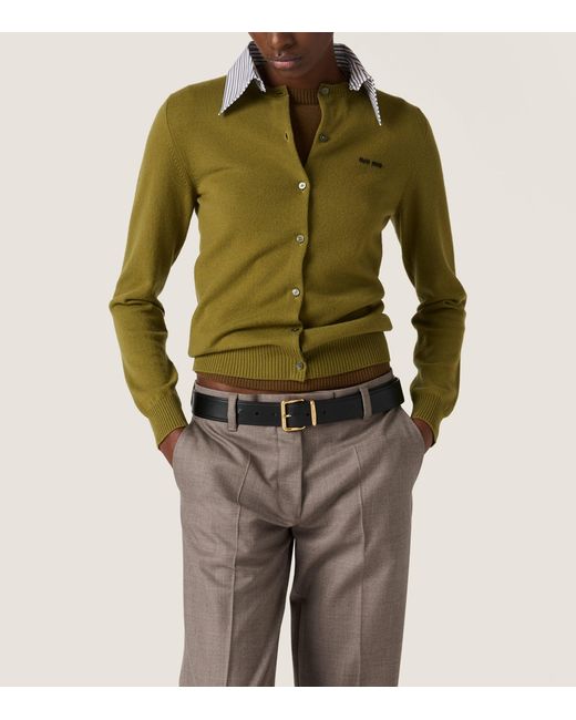 Miu Miu Green Cashmere Detachable-Collar Cardigan