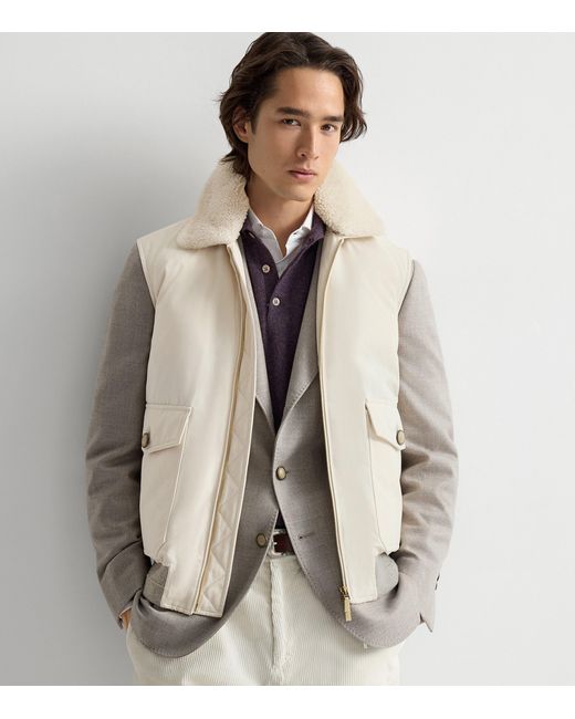 Brunello Cucinelli White Waxed Shearling-Collar Gilet for men