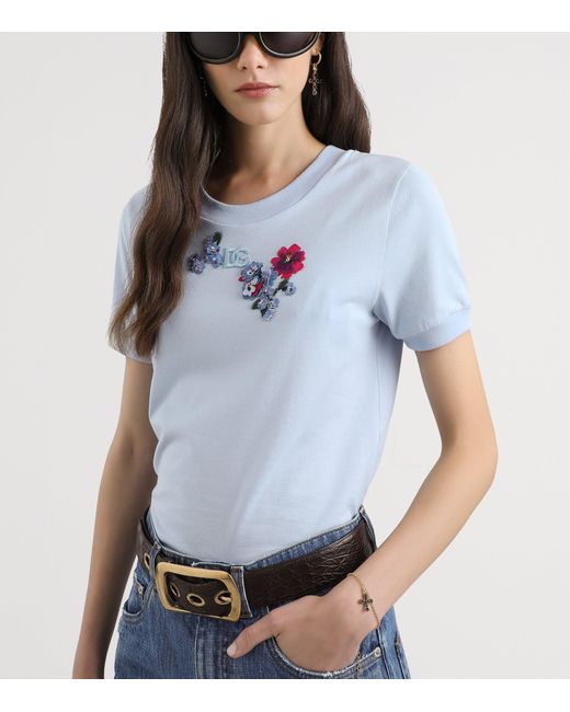 Dolce & Gabbana Blue Floral Appliqué Logo T-Shirt