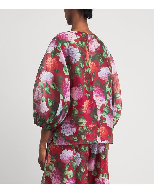 Carolina Herrera Red Silk Floral Puff-Sleeve Blouse