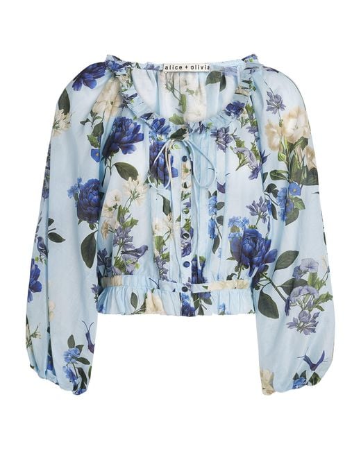 Alice + Olivia Blue Cotton-Silk Mclaine Blouse