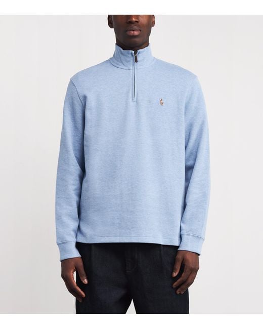 Polo Ralph Lauren Blue Cotton Logo Quarter-Zip Sweater for men