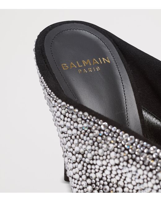 Balmain Gray Leather Rhinestone-Embellished Pierced Heeled Mules 95