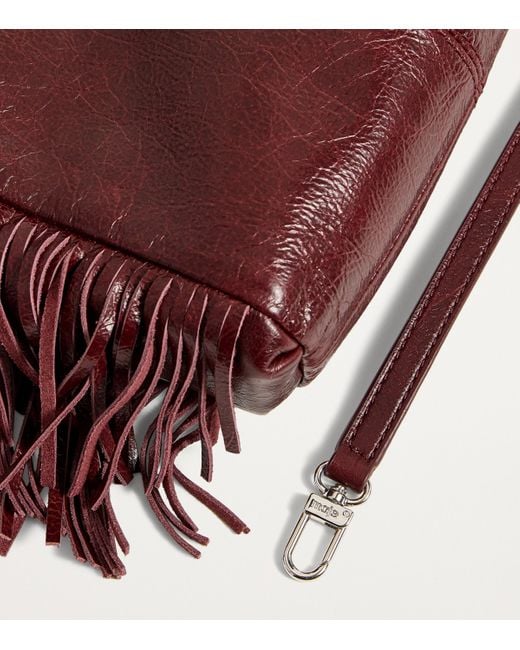 Maje Red Cracked Leather Fringed M Bag